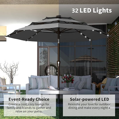 Kingdura 9ft 3-Tier Patio Umbrella with Solar Lights, Table Umbrella Outdoor Patio with Easy Crank & Tilt, 8 Sturdy Ribs, UV Protection, 32 LED Lights for Deck, Poolside, Market (Grey)