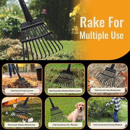 Small Garden Rake for Leaves,11 Tines Heavy Duty Metal Yard Hand Rake with 63in Adjustable Handle,Ideal Leaf Scoops Gardening Tool for Gathering Leaves,Shrub,Poop,Leveling Grass,Garden Flower Bed,Yard