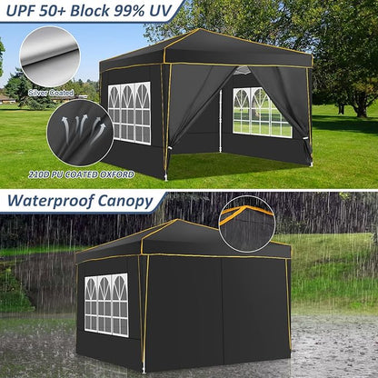 COBIZI 10x10 Pop Up Canopy with 4 Sidewalls and 4 Sandbags UV Protection 50+ Camping Commercial Wedding Portable Tent for Backyard, Black