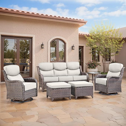 Swivel Patio Chairs sofa Set of 6 - 6" Thick Cushion - Wicker Outdoor Swivel Rocker Patio Chair ,Sofa/Glass coffee table, High Back Comfortable Outdoor Glider Chairs - Brown Wicker | Beige Cushions