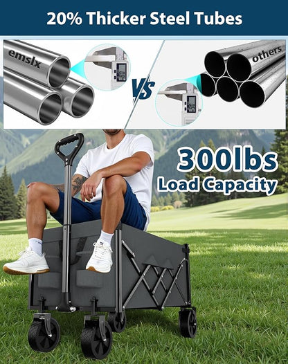 Lightweight Folding Wagon, Large Capacity Collapsible Grocery Cart on Big Wheels, Heavy Duty Foldable Shopping Carts, All-Terrain Outdoor Utility Carts, 3.5 Cu Ft, Grey