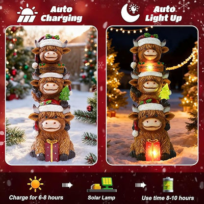 Christmas Highland Cow Decor with Solar Light Triple Highland Cow Christmas Decorations Gifts for Women Mom Funny Highland Cows Garden Statues for Garden Patio Lawn Yard Decor(Multicolor)