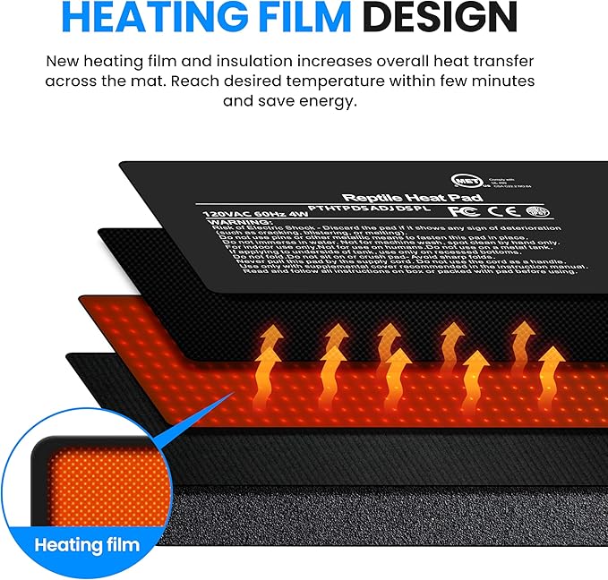 Simple Deluxe 4X7 Inch 4W Reptile Heating Pad with Adjustable Thermostat Under Tank Terrarium Heating Mat for Turtles, Lizards, Frogs, and Other Reptiles, 2 Pack