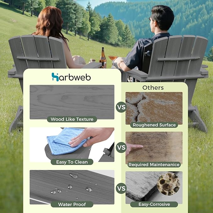 Folding Adirondack Chair Wood Texture 2 Pack, HDPE All-Weather Fire Pit Chairs, Plastic Adirondack Chairs with 2 Cup Holder, Outdoor Lawn Chair for Patio Garden (Grey)