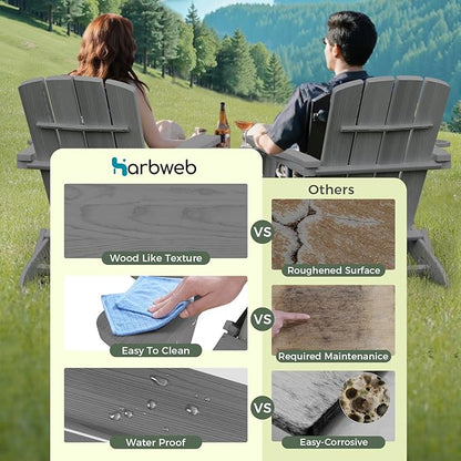 Folding Adirondack Chair Wood Texture 6 Pack, HDPE All-Weather Fire Pit Chairs, Plastic Adirondack Chairs with 2 Cup Holder, Outdoor Lawn Chair for Patio Garden (Grey)