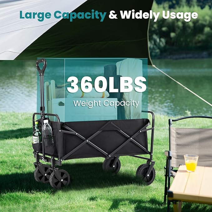 OLIXIS Heavy Duty Wagon Cart, 360 lbs Foldable Large Collapsible Wagons Carts with Wheels Smooth Maneuverability for All-Terrain, Suitable for Gardening, Camping, Beach - Black
