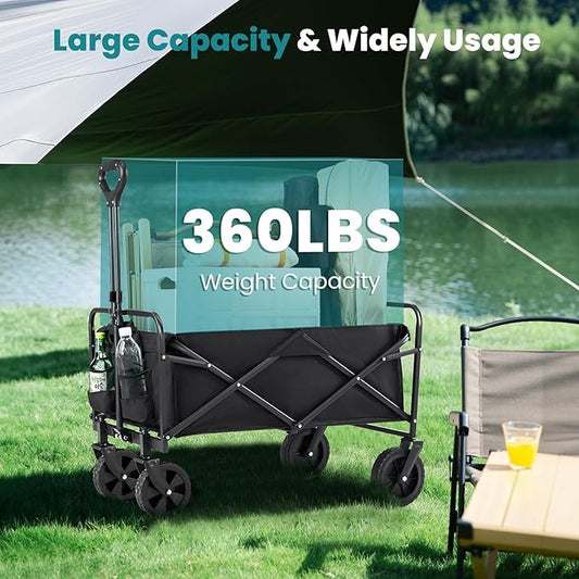 OLIXIS Heavy Duty Wagon Cart, 360 lbs Foldable Large Collapsible Wagons Carts with Wheels Smooth Maneuverability for All-Terrain, Suitable for Gardening, Camping, Beach - Black