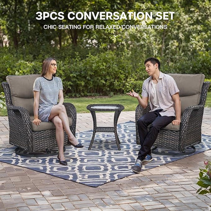 Patio Conversation Set with Smile-Shaped Cushions, Luxury Outdoor Swivel Chairs with Side Table and Ottomans, 5PCS PE Rattan Swivel Glider Chairs Set, Brown Wicker|Grey Cushions