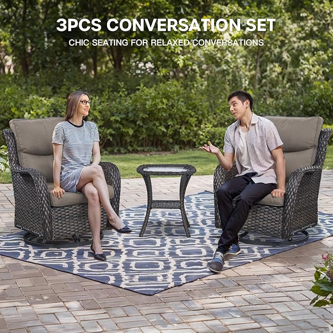 Patio Swivel Chairs with Smile-Shaped Cushions, 3 Piece High Back Patio Swivel Glider Chairs with Side Table 3PCS PE Rattan Luxury Swivel Patio Chairs Set Brown Wicker | Grey Cushions
