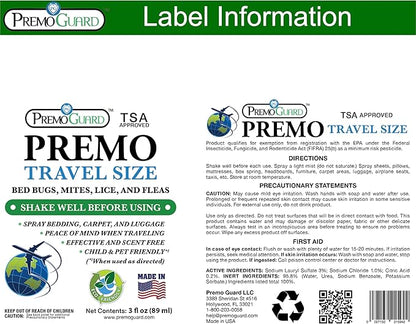 Travel Bed Bug & Mite Killer Spray by Premo Guard 3 oz – Child & Pet Safe – Fast Acting – Stain & Odor Free – Best Protection – Carryon Bag Approved