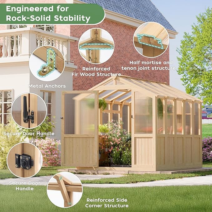 6 * 8 FT Wood Greenhouses for Outdoors Heavy Duty, Outdoor Greenhouse Kit with Adjustable Roof Vent and Reinforced Panels, Walk in Polycarbonate Greenhouse for Outside Garden & Backyard, Light Honey