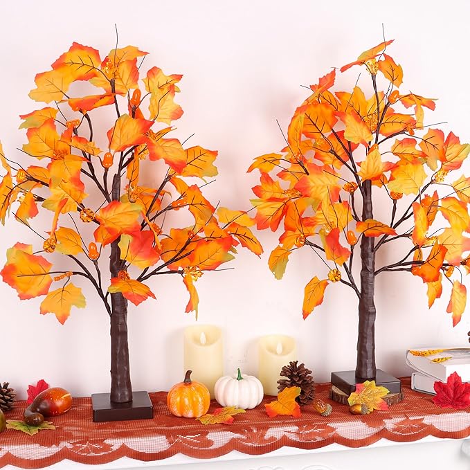2 Pack 24 Inch Artificial Lighted Fall Maple Tree Thanksgiving Decorations with 48 LEDs Battery Operated Timer Prelit Acorn Maple Tree Lights for Thanksgiving Table Decor Home Indoor Autumn Harvest