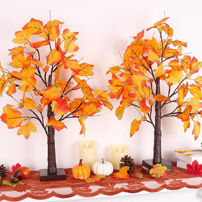 2 Pack 24 Inch Artificial Lighted Fall Maple Tree Thanksgiving Decorations with 48 LEDs Battery Operated Timer Prelit Acorn Maple Tree Lights for Thanksgiving Table Decor Home Indoor Autumn Harvest