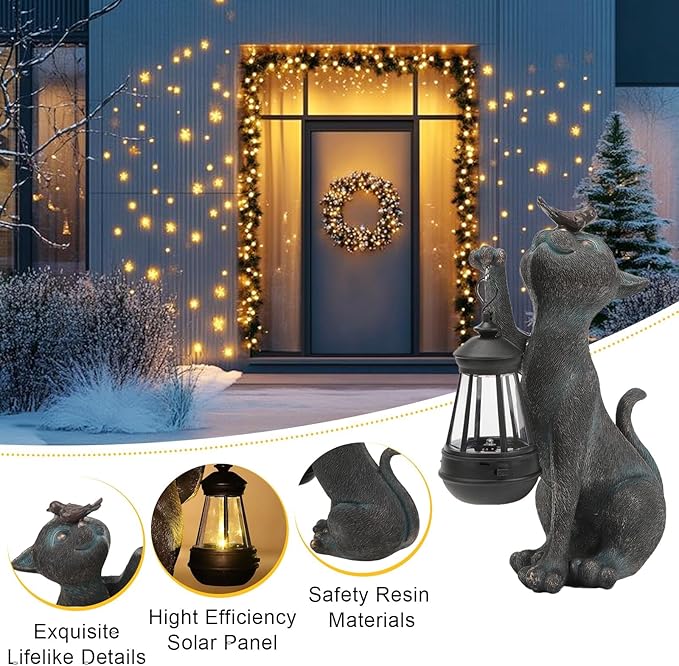 Outdoor Cat Statues Solar Garden Decor : Cat Figurine with Bird Decor,Unique Garden Art for Porch Patio Balcony Yard Lawn Ornaments - Birthday Housewarming Gifts for Grandma Mom Women