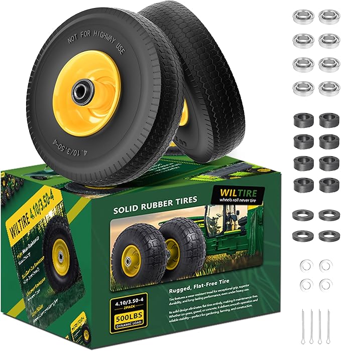 (2 Pack) 4.10/3.50-4 Flat Free Tire and Wheel 10-Inch Solid Wheel Replacement with 5/8 Extra 3/4 &1/2 Bearings,2.2" Offset Hub -Compatible with Hand Truck,Wheelbarrow(Wave,Yellow)