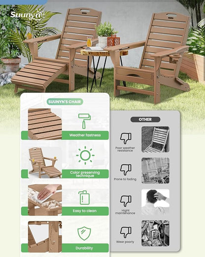 Folding Adirondack Chairs Set of 2,Adirondack Chair with Retractable Ottoman,Plastic Adirondack Chairs with 2 Cup Holder,Weather Resistant Patio Chair,Outdoor Chairs Set of 2(Teak)