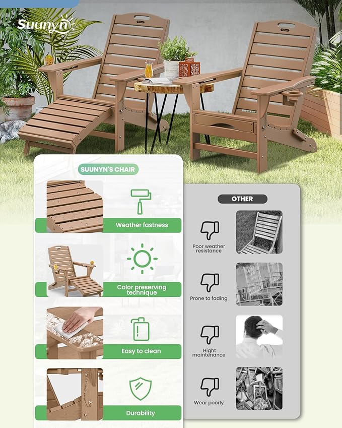 Folding Adirondack Chair with Retractable Ottoman Weather Resistant Fire Pit Chair Patio Chair with 2 Cup Holder Lawn Outdoor Lounge Chair (Teak)