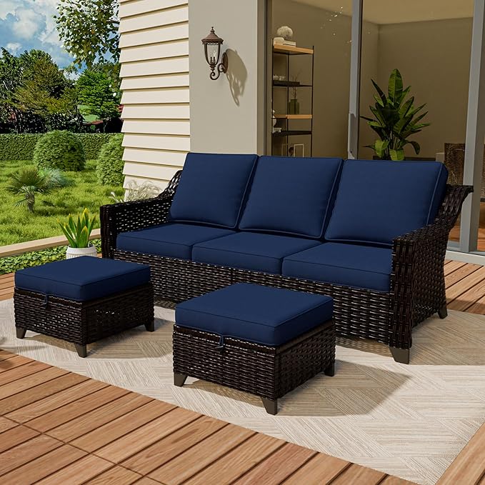 Vista Vibe 3 Pieces Outdoor Patio Conversation Furniture Set - 78" 3-seat Sofa | 2 Wicker Ottomans, Deep Seat Loveseat with Removable Cushions, Hand-Woven PE Rattan Couch, Lawn (Brown/Navy)