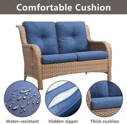 Outdoor Wicker Patio Furniture Set - 5 Piece Rattan Patio Conversation Set with 2 Rocking Swivel Chairs,2 Ottomans and 1 Loveseat for Porch Deck Backyard Garden(Yellow/Blue)