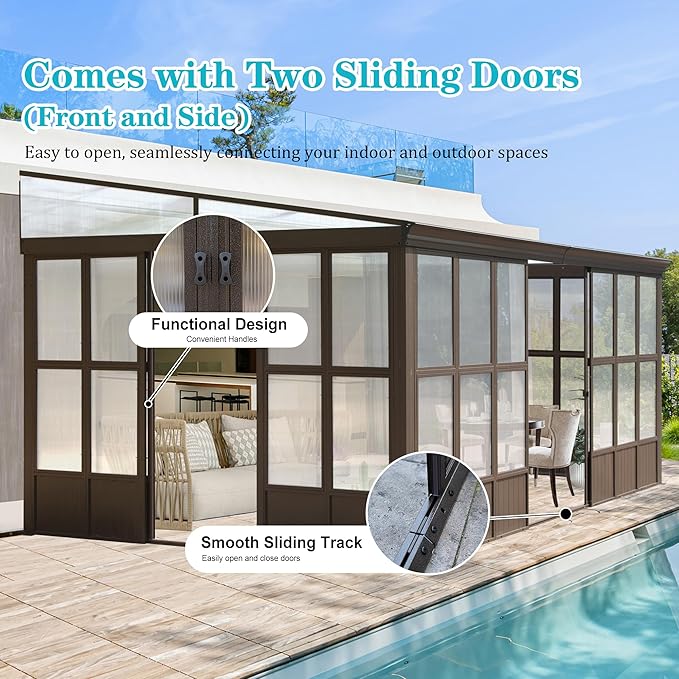 12x16FT Lean to Sunroom, Patio Wall Mounted Solarium All Weather Use, Against The Wall Enclosed Gazebo Small Guest House with Removable Polycarbonate Roof/Windows, 2 Lockable Sliding Doors