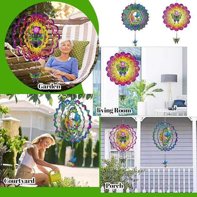 Hummingbird Wind Spinners, 12In Hanging Wind Spinner for Women Mom Grandma, 3D Stainless Steel Laser Cut Wind Sculptures Catcher for Window Outdoor Garden Yard Decor(Colorful)