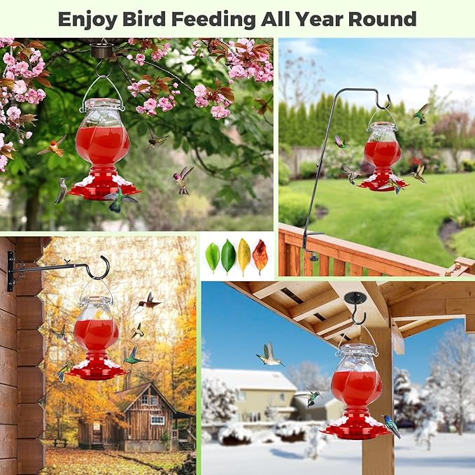 Hummingbird Feeder, BOLITE Glass Hummingbird Feeders for Outdoors Hanging, with Ant Moat and 4 Bee Guard Feeding Ports, 22oz, Leak Proof, Clear & Red