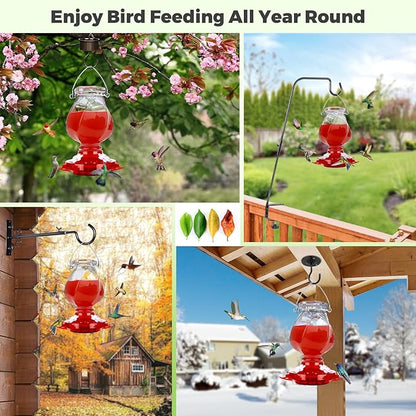 Hummingbird Feeder, BOLITE Glass Hummingbird Feeders for Outdoors Hanging, with Ant Moat and 4 Bee Guard Feeding Ports, 22oz, Leak Proof, Clear & Red