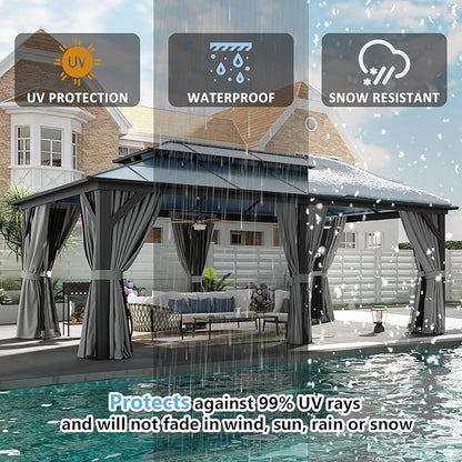 Aoxun 12'x20' Hardtop Gazebo, Aluminum Frame Permanent Pavilion with Curtains and Netting, Outdoor Polycarbonate Double Roof Canopy, Designed for Patio, Garden, Lawns, Gray