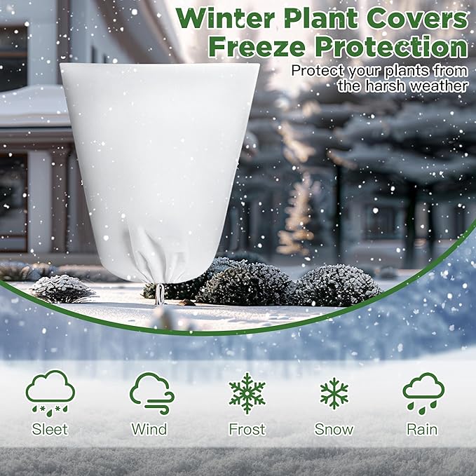 IPOW 4PCS Plant Covers Freeze Protection 47.3'' x 70.9", 3.17oz/yd² Thicken Plants Cover for Winter, Reusable Tree Frost Protection Covers Drawstring Bag with Zipper for Cold Winter Plants Protection