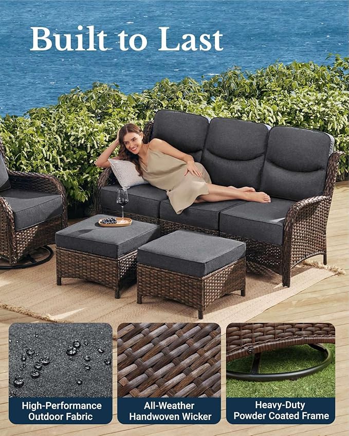 HILLGA Luxury Patio Furniture Set with 6-inch Thick Cushion, Outdoor Couch and High Back Swivel Rocker Patio Chairs, 6PCS Wicker Conversation Set for Deck Yard and Poolside, Dark Grey (V2)