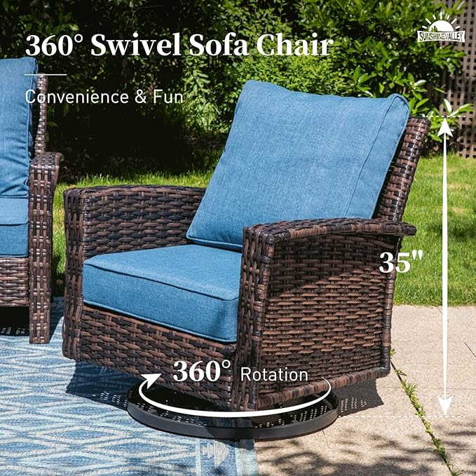 Patio Wicker Swivel Chairs Set of 2, Outdoor High Back Chairs with 5.5" Waterproof Cushions, Outdoor Furniture Set for Deck Porch and Yard, Peacock Blue