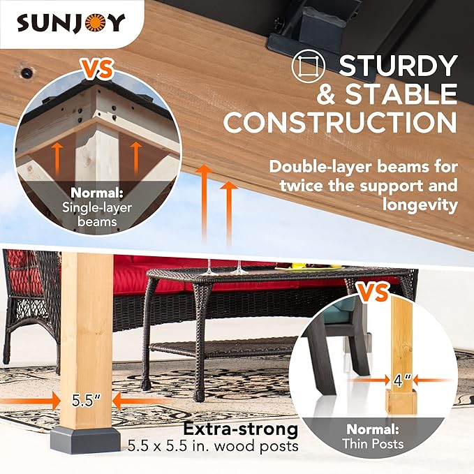 SUNJOY 13 x 15 ft. Wood Gazebo Cedar Framed Gazebos with Black Double Steel Hardtop Roof for Garden,Backyard Shade, Matte Black Roof + Natural Wood Frame