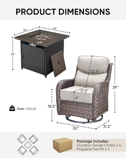 HUMMUH Wicker Patio Furniture Set with Patio Swivel Chairs Set of 4 and 50,000 BTU Fire Pit Table,6 Inch Thick Cushions High Back Outdoor Swivel Rocker Chairs Set for Porch, Balcony, Deck