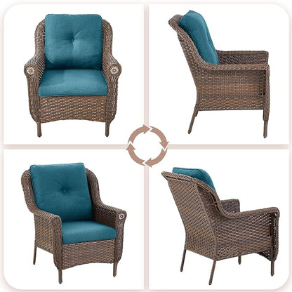 Patio Wicker Chairs Outdoor Furniture Chair - Set of 2 Outside All Weather Lawn Dining Brown Rattan Armchair with High Back&Deep Seating for Deck Porch Balcony Backyard Garden - Peacock Blue