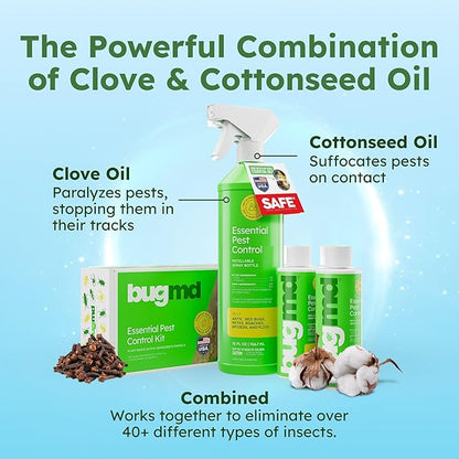 BugMD Ant Killer & Bug Spray - Roach and Cockroach Killer Indoor, Spider Spray for Home, Fly and Insect Defense, Natural, Safe with Essential Oils, Plant-Powered, Pest Control - Starter Kit