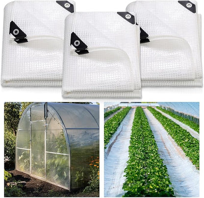 Berlune 3 Pack Clear Greenhouse Heavy Duty Tarp, 8 x 10 ft Clear Waterproof Cover, 14 Mil Plastic Mesh Cover UV Resistant Poly Tarp with Grommets for Gardening, Farming, Nursery Outdoor Event