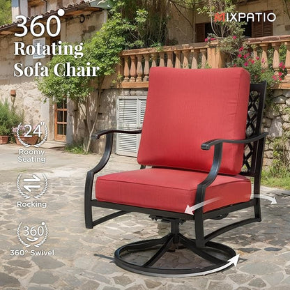 Patio Furniture Set 4 pcs, Metal Outdoor Patio Furniture, 3-Seat Sofa, 2 Swivel Chairs, Coffee Table and 5.75" Extra Thick Cushion, Patio Conversation Set for Backyard Deck, Red-Orange