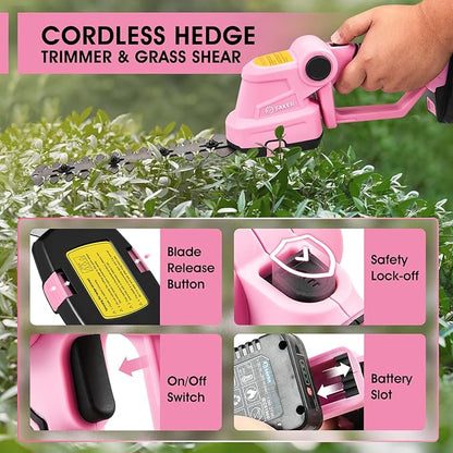 Saker Cordless Hedge Trimmer-20V Electric Shrub Trimmer Grass Shears Handheld Grass Cutter, Hedge Shear with 1 PCS Rechargeable Battery and Charger for Garden, Lawn(Pink)