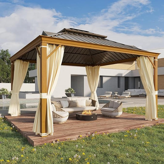 YOLENY 12' x 12' Hardtop Gazebo, Wood Grain Aluminum Frame Canopy with Galvanized Steel Double Roof, Outdoor Patio Gazebo with Netting and Curtains for Backyard, Patio, Lawns