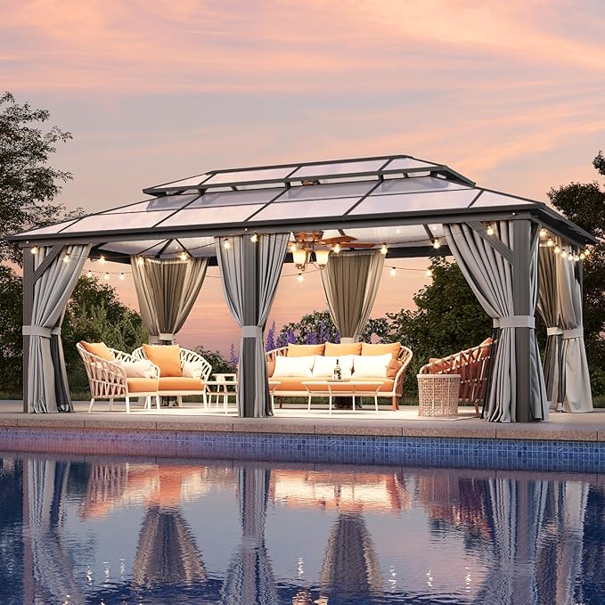 Aoxun 12'x20' Hardtop Gazebo, Aluminum Frame Permanent Pavilion with Curtains and Netting, Outdoor Polycarbonate Double Roof Canopy, Designed for Patio, Garden, Lawns (Gray)