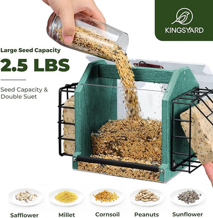 Kingsyard Hopper Bird Feeder for Outdoors Hanging, Recycled Plastic Double Suet Feeder with Clear View Windows, 3 LBS Seed, Cardinal Woodpecker Bluebird Feeder, Green
