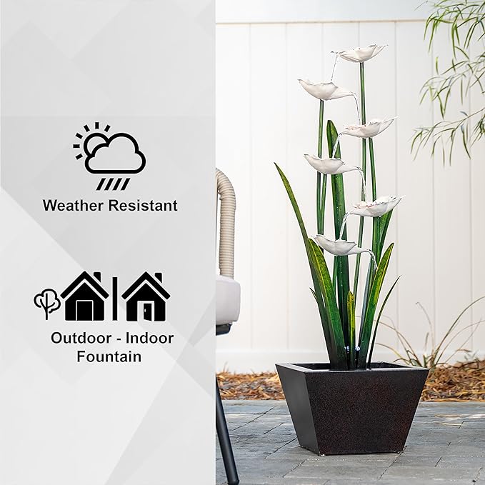 XBrand Metal Sculptural Multi-Tiered Flower Water Fountain, Multicolored, 39" Tall, w/LED Lights