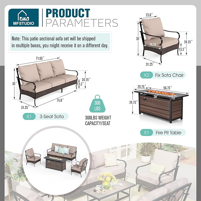 MFSTUDIO Outdoor Patio Furniture Set with 56" Fire Pit Table, 4 PCS Metal Patio Conversation Sets for 5, Patio Sectional Set with High Back 3-Seat Sofa, 2 Fixed Sofa Chairs, 56" Fire Pit Table