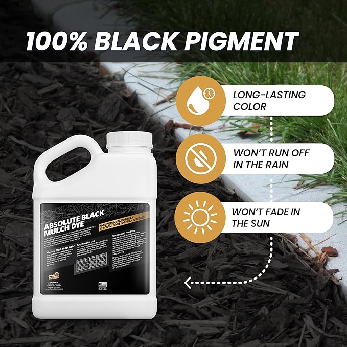 1 Gallon Absolute Black Mulch Dye - Covers up to 10,000 sq. ft., Liquid Mulch Dye Black, Premium Color, Ideal for Landscaping, Renews Faded Rubber or Wood Chips, Binds as it Dries