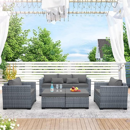 Patio Furniture Set, 5-Piece Outdoor Wicker Conversation Set with All-Weather PE Rattan, Anti-Slip Cushions & Ottomans, Sectional Sofa for Patio, Balcony & Deck, Grey
