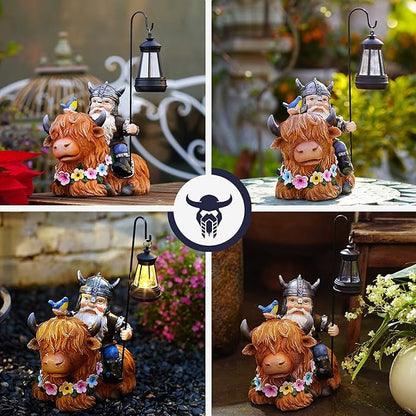Garden Gnome Outdoor Statue 12 Inch Highland Cow Gnomes Decorations for Yard Patio Lawn Porch Birthday for Women, Mother’s Day, Housewarming with Solar Light Funny Decor for Outside
