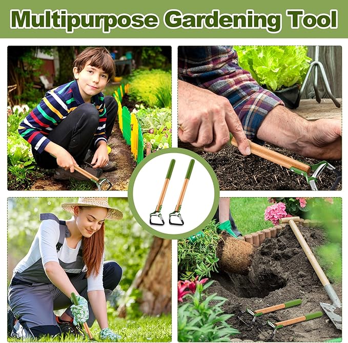 2 Pcs Mini Garden Hula Hoes for Weeding 17 Inch Long Stirrup Hoe Tools Scuffle Hoe Garden Tool for Lawn Yard Weeding Gardening with Wood Handle