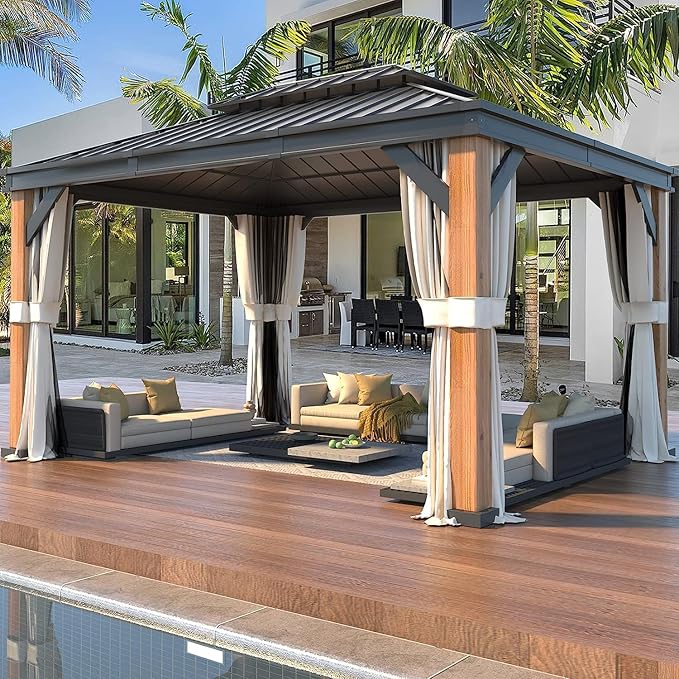 YOLENY 12'x16' Hardtop Gazebo Ultra-Thick Columns and Beams, Gazebo with Wood Grain Aluminum Frame, Galvanized Steel Roof, Permanent Metal Pavilion with Netting and Curtains for Backyard and Patio