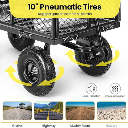 Garden Cart, Heavy Duty 880 Lbs Capacity Mesh Steel Garden Cart with Removable Sides to Convert into Flatbed, Utility Metal Wagon with 180° Rotating Handle and 10 in Tires, Black