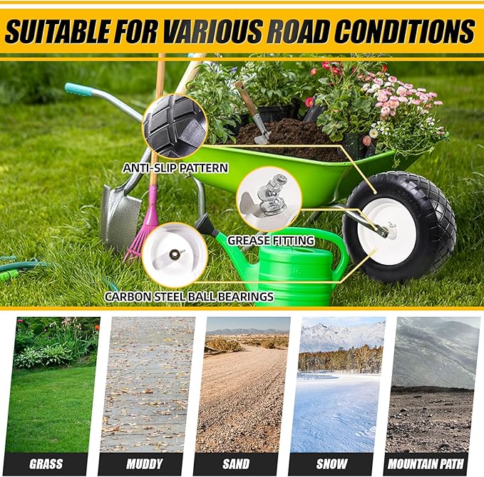 MZREXN 4.80/4.00-8" Flat Free Tire and Wheel, 16" Universal Solid Wheelbarrow Tires, with 5/8" & 3/4" Bearings, 3" Centered Hub for Hand Truck Garden Trailers Utility Cart Yard Wagon (2-PACK, White)